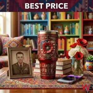 Memorial tumbler with poppies and military photo in front of a home library!