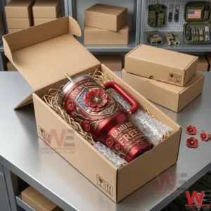 Patriotic red tumbler being packed into a cardboard shipping box with protective padding!