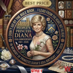 Detailed commemorative coin of Princess Diana with a quote and royal accessories on a desk.
