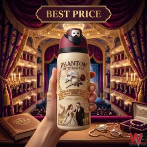 A centered close up photograph of the detailed special edition Phantom of the Opera Owala water bottle held by a hand in a classic opera house setting.