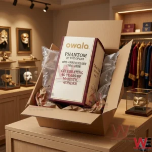 A photograph of an opened cardboard shipping box revealing the collector edition Owala Phantom of the Opera anniversary gift box inside a gift shop.