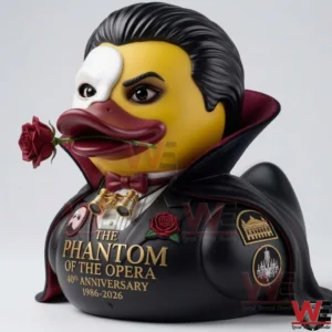 Commemorative Phantom of the Opera rubber duck wearing a cape and mask.