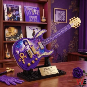 Purple guitar display model on a stand in a music themed room!