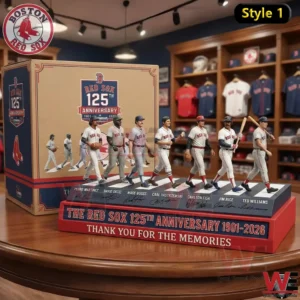 Boston Red Sox 125th anniversary display with miniature players walking on a base in front of themed box.