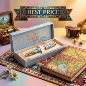 The Sound of Music commemorative pen in a gift box with themed accessories on a colorful table.