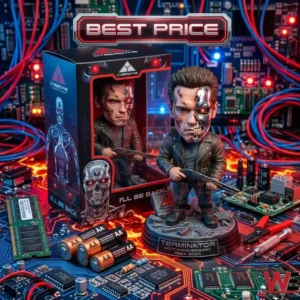 A Terminator action figure with a half robot face holding a weapon surrounded by computer hardware and electronic parts!