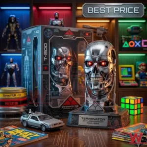 A high detail Terminator skull figure with glowing red eyes and Cyberdyne Systems branding on a desk with retro toys!