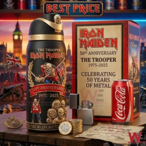 A photograph of an Iron Maiden themed 50th anniversary water bottle and gift box with various memorabilia on a table.