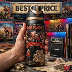 A photograph showing a close up of the Iron Maiden collector bottle held against a background of music memorabilia.