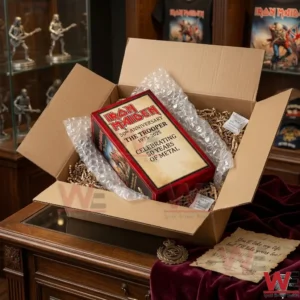 A photograph of the Iron Maiden anniversary gift box inside an open shipping container in a collector room.
