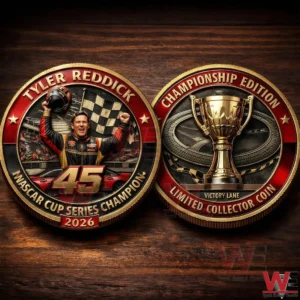 Two sided Tyler Reddick NASCAR Cup Series Champion 2026 collector coin on a wooden table.