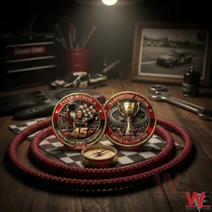 Tyler Reddick championship collector coin displayed on a racing themed desk with tools and memorabilia.