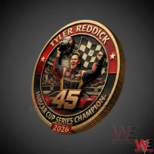Close up of Tyler Reddick NASCAR Cup Series Champion 2026 coin showing Reddick celebrating and the number 45.