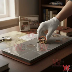Gloved hand placing a Tyler Reddick championship coin into a coin collection album on a desk.