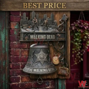 A rustic metal bell with a sheriff badge hanging on a wooden board next to a pocket watch!