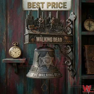 Collectible metal bell with apocalyptic survivors and a sheriff badge on a blue wooden wall!