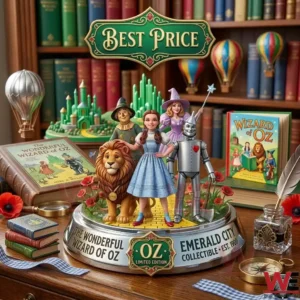 Dorothy and her friends from Oz on a silver pedestal surrounded by books and a compass on a wooden table!