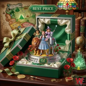 The Wonderful Wizard of OZ Figure 3 A green gift box containing a figurine of characters from the Wizard of Oz on a desk with flowers and a map!