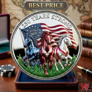 Commemorative 250th anniversary American coin featuring red white and blue horses and the national flag!