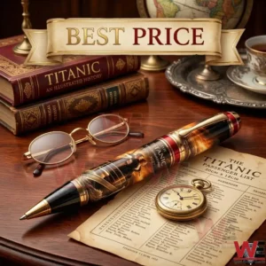 Titanic movie anniversary pen shown with a pocket watch eyeglasses and a historical passenger list.