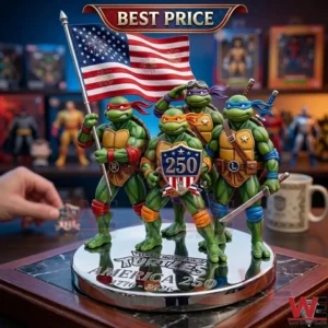 Four green ninja turtle figures standing on a metallic silver base with a large american flag and a shield!