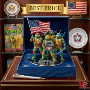 TMNT America 250th Anniversary Car Hood Ornament 4 A ninja turtle anniversary statue inside an open blue luxury box on a wooden desk!
