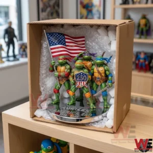 TMNT America 250th Anniversary Car Hood Ornament 5 A ninja turtle figure inside a cardboard box with bubble wrap and packing foam!