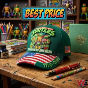 Patriotic Ninja Turtles green baseball cap on a desk.