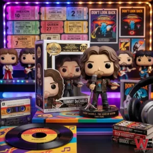 Tommy DeCarlo The Voice of Boston Vinyl Figure Doll 3 Tommy DeCarlo vinyl figure with music records and concert posters in the background.