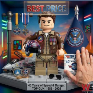 A Top Gun 40th anniversary building block set featuring a pilot figure jet and naval memorabilia.