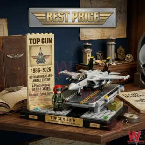 Top Gun 40th Anniversary building block set with jet and pilot on a desk.