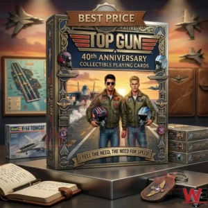 A Top Gun 40th anniversary card box shown with a pilot keychain and a notebook on a metallic table!