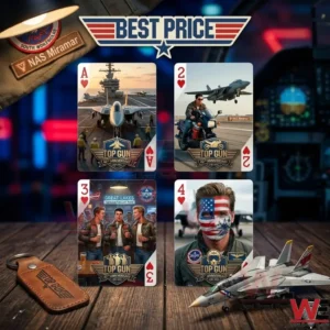 Top Gun 40th Anniversary Commemorative Edition Playing Cards 7 Four playing cards showing movie scenes from Top Gun placed on a wooden desk with a model plane!