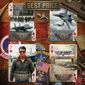 Top Gun 40th Anniversary Commemorative Edition Playing Cards 8 Top Gun themed playing cards fanned out over several military pilot patches on a wooden background!