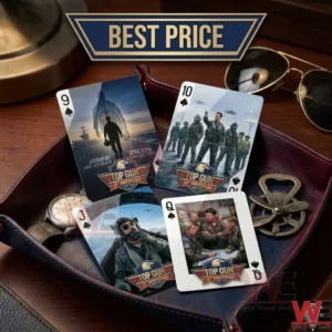 Top Gun 40th Anniversary Commemorative Edition Playing Cards 9 A blue leather tray holding Top Gun cards a silver watch and aviator sunglasses on a wooden desk!