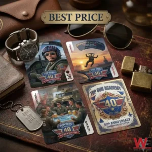 Top Gun 40th Anniversary Commemorative Edition Playing Cards 10 Top Gun Joker cards shown with a pilot watch dog tags and a lighter on a leather surface!