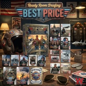 Top Gun 40th Anniversary Commemorative Edition Playing Cards 11 A full display of Top Gun playing cards with a pilot helmet and leather jacket in a themed room!