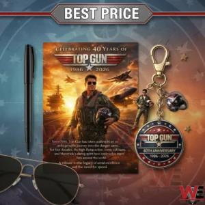 Top Gun 40th Anniversary Commemorative Keychain Set 3 Top Gun anniversary keychain set displayed with pen and sunglasses!