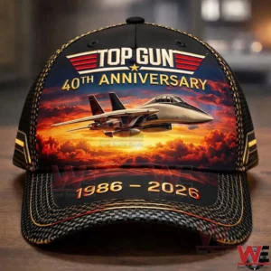 Top Gun 40th Anniversary baseball cap with a fighter jet over a sunset and the years 1986 to 2026!