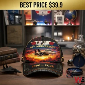 Top Gun 40th Anniversary Fighter Pilot Baseball Cap 3 Top Gun 40th Anniversary cap on a desk with best price 39.9 text above and a jet at sunset design!