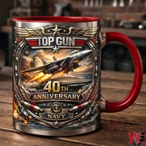 Top Gun anniversary navy mug with jet and carrier artwork!
