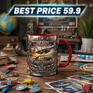 Top Gun 40th Anniversary Navy Fighter Pilot Commemorative Mug 3 Top Gun anniversary navy mug on a desk with a best price banner!