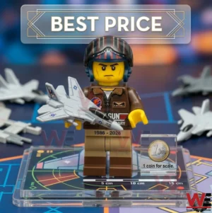 Maverick brick minifigure holding a tiny fighter jet on a radar themed base!