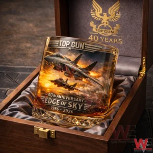 Top Gun commemorative glass with fighter jet artwork displayed inside a wooden gift box!