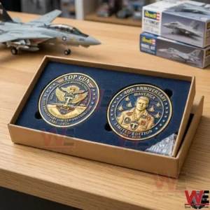 Top Gun Maverick Limited Edition Coin 3 Top Gun commemorative coins in a luxury presentation box on a wooden desk!