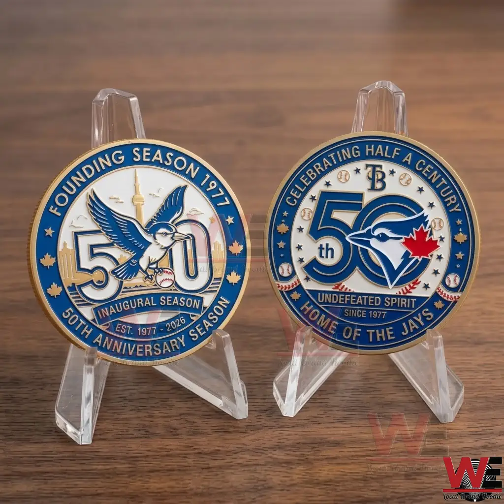 Toronto Blue Jays 50th Anniversary Founding Undefeated Coin 2 Front and back views of gold and blue Toronto Blue Jays 50th anniversary commemorative coins on stands.