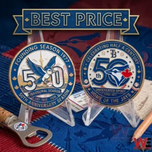 Promotional graphic showing Toronto Blue Jays 50th anniversary coins with a Best Price banner and team memorabilia.