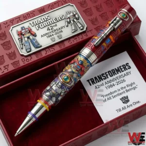 Transformers themed pen in a red gift box with anniversary card and character artwork!