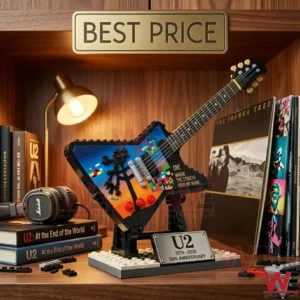 A commemorative U2 50th anniversary brick guitar model displayed on a wooden shelf!