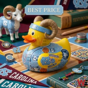 A North Carolina Tar Heels themed collectible rubber duck with ram horns on a basketball court.